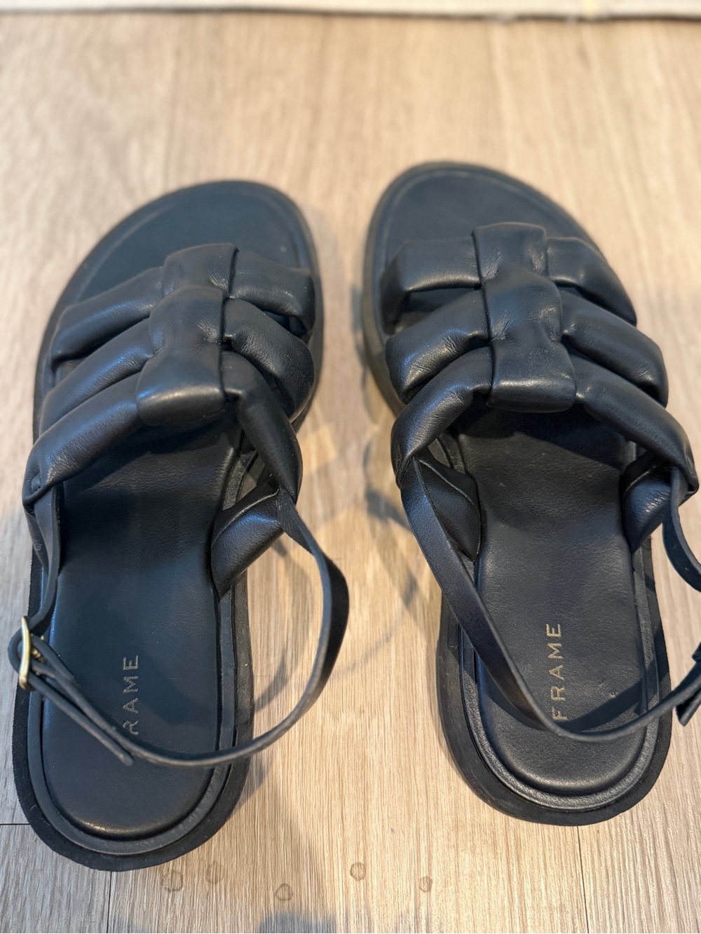 Frame Denim Black Braided Leather Slingback Sandals with Padded Straps